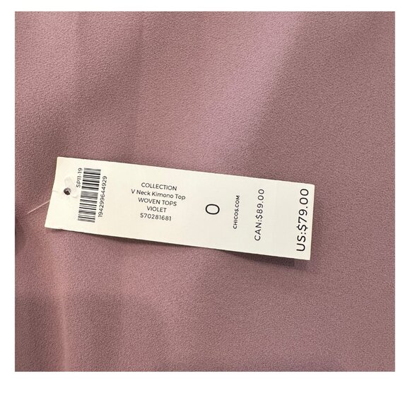 Chico’s V-Neck Kimono Top Size 0 Mauve / Dusty Rose New With Tags - Picture 3 of 6